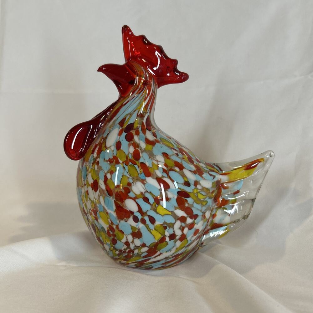Hand Blown Colorful Glass Chicken Figurine 7" tall x 6.2" x 4" Murano Style